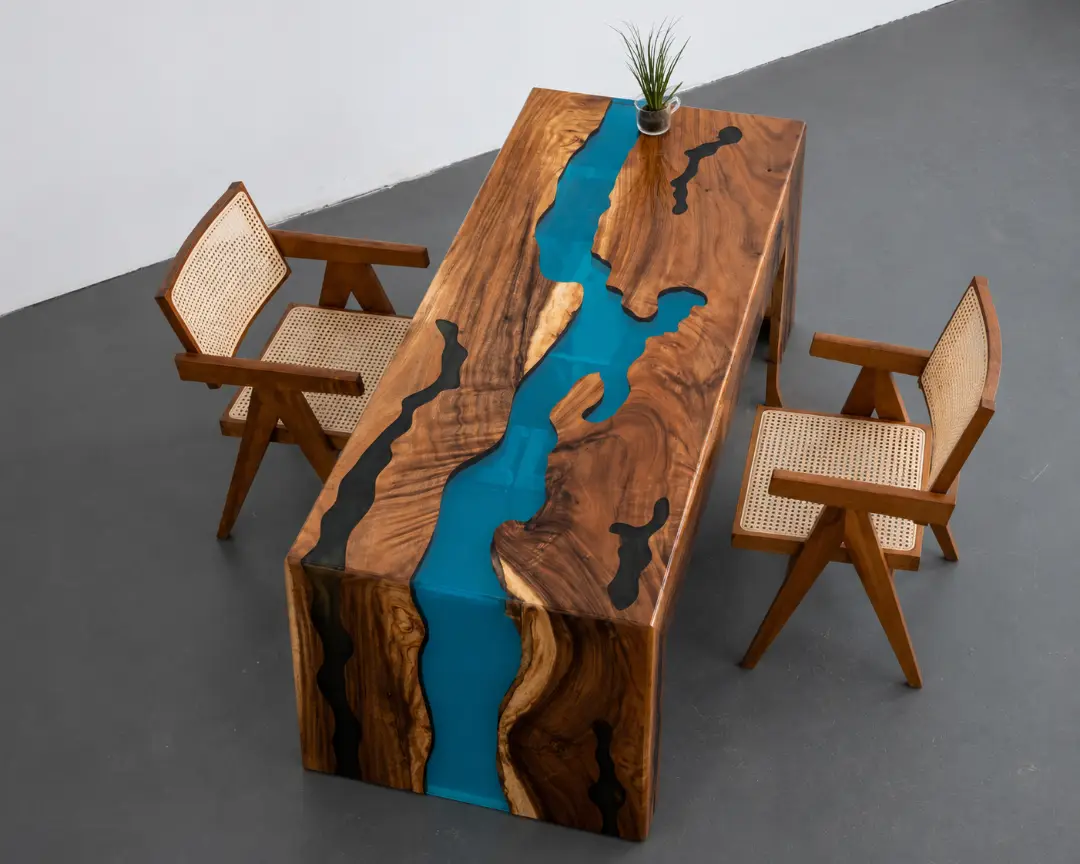 Bespoke Walnut Waterfall River Table with Blue Epoxy | WWF004