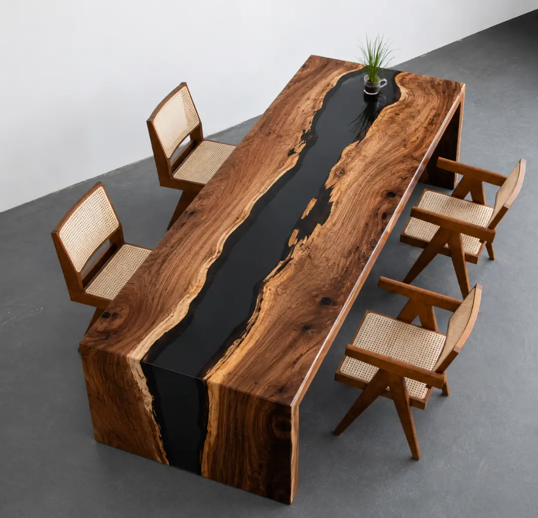 Handcrafted Walnut Waterfall River Table with Black Epoxy | WWF005