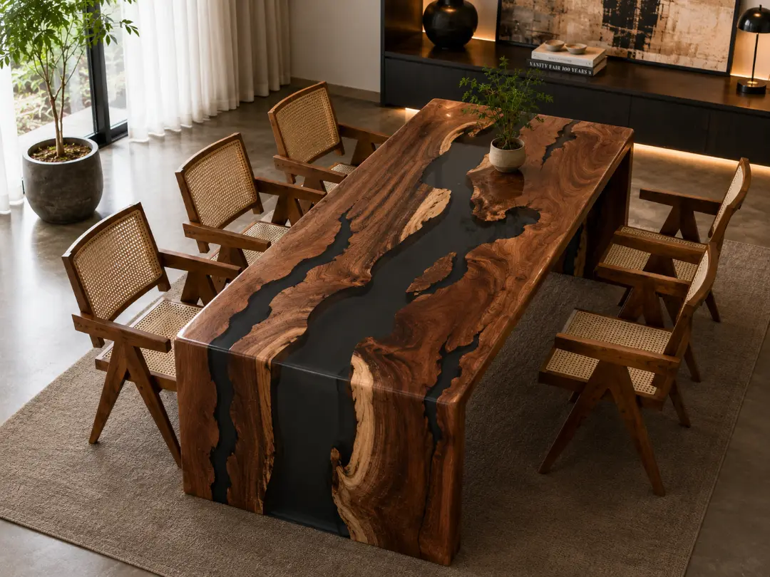 Handcrafted Black Walnut Waterfall River Table with Black Epoxy | BWF005