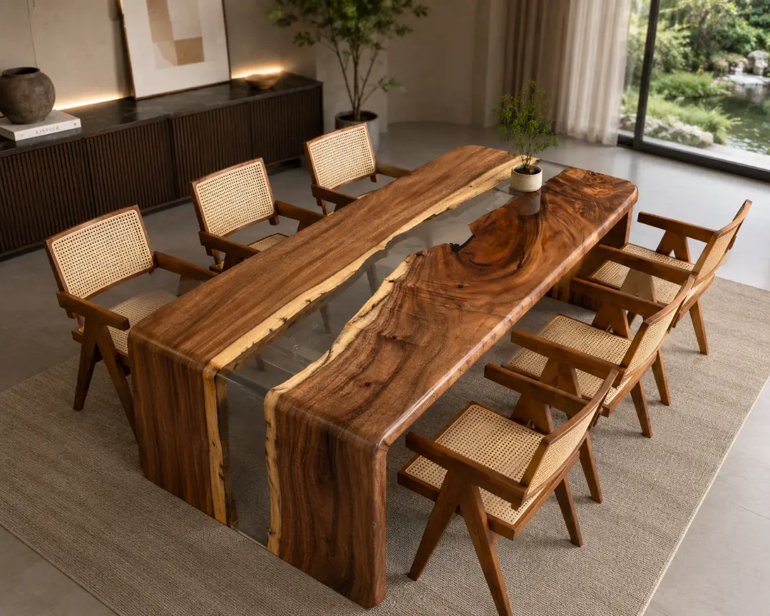 Walnut Waterfall River Table with Crystal Clear Epoxy | WWF007