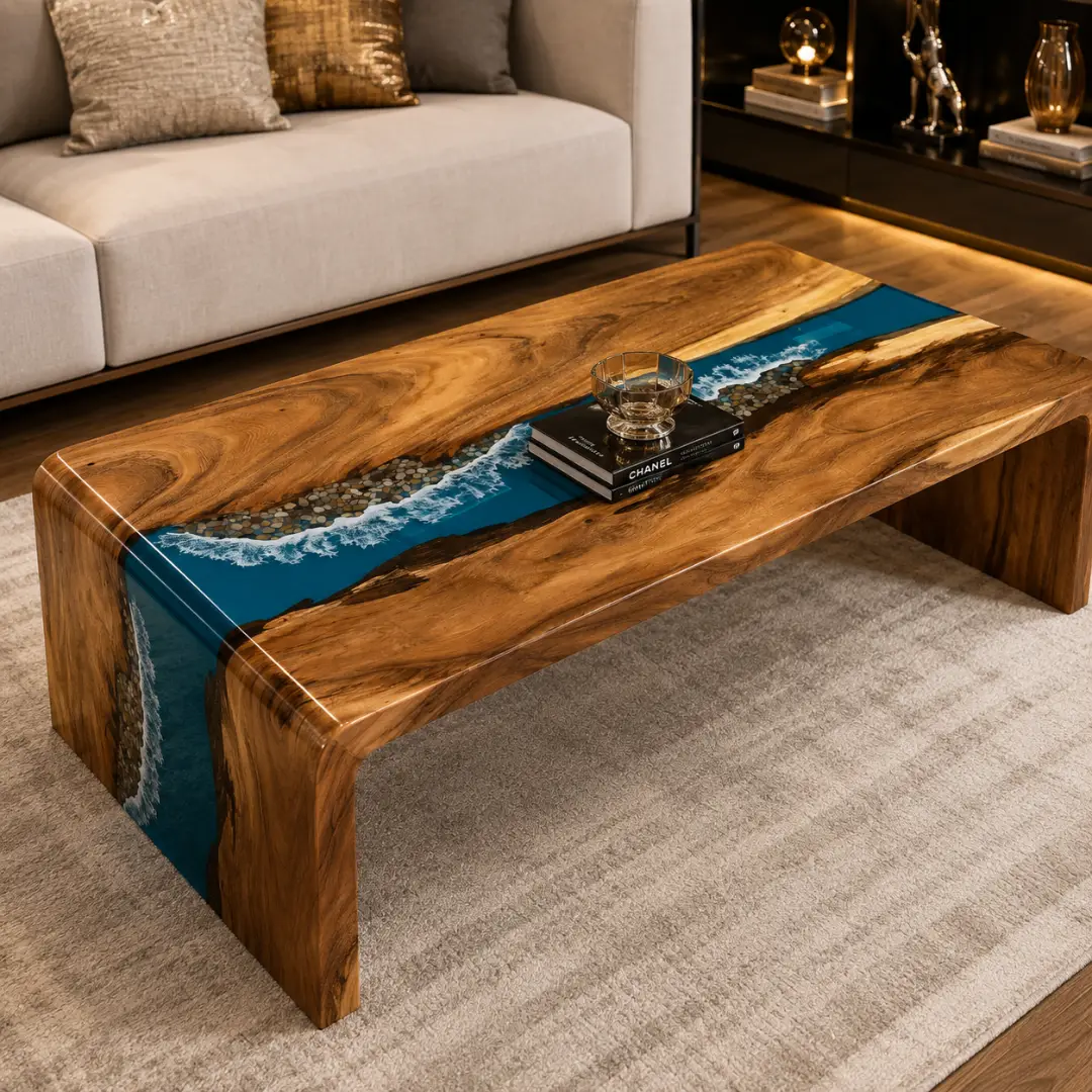 Luxury Walnut Waterfall River Table with Blue Epoxy | WWF009