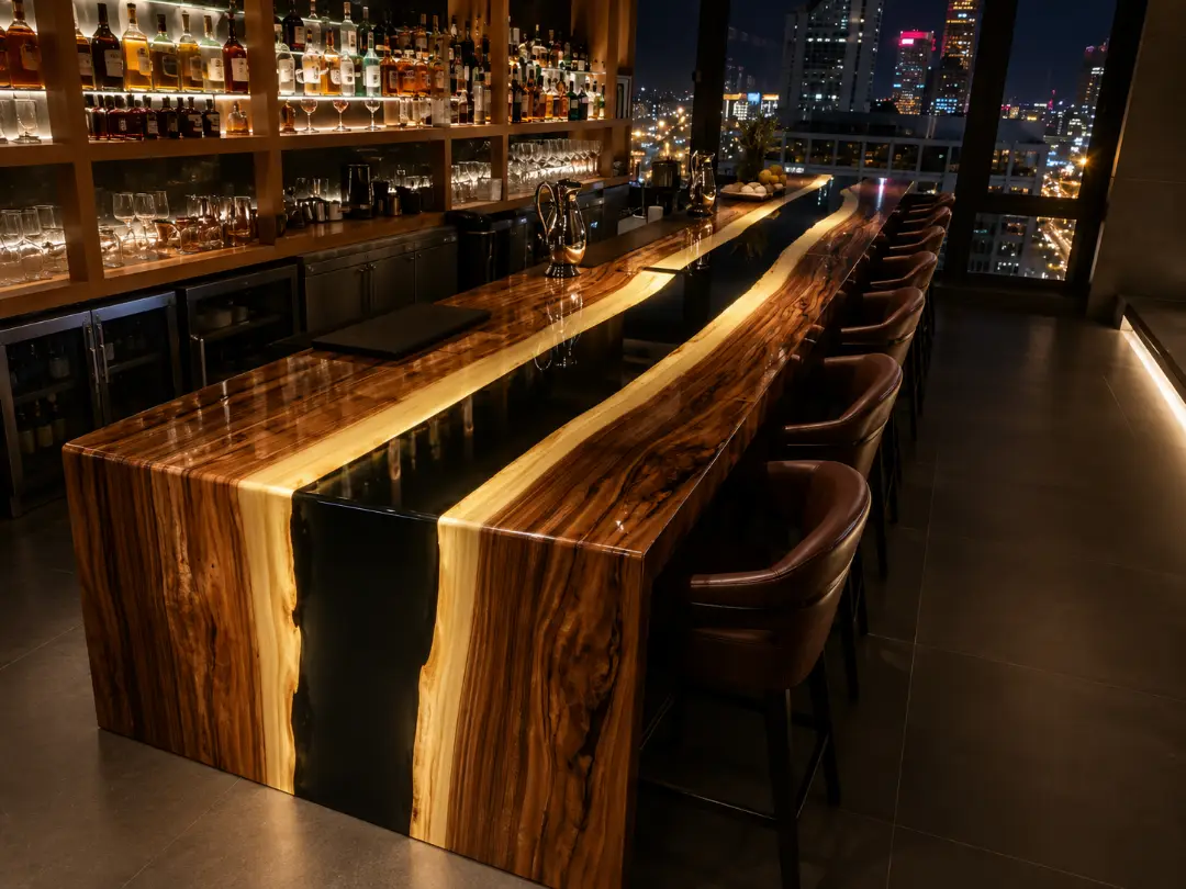 Handcrafted Walnut Waterfall River Table with Black Epoxy | WWF010