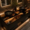 Custom Walnut Live Edge Epoxy Bathroom Countertop with Black Epoxy BTC001