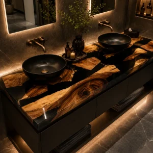 Custom Walnut Live Edge Epoxy Bathroom Countertop with Black Epoxy BTC001