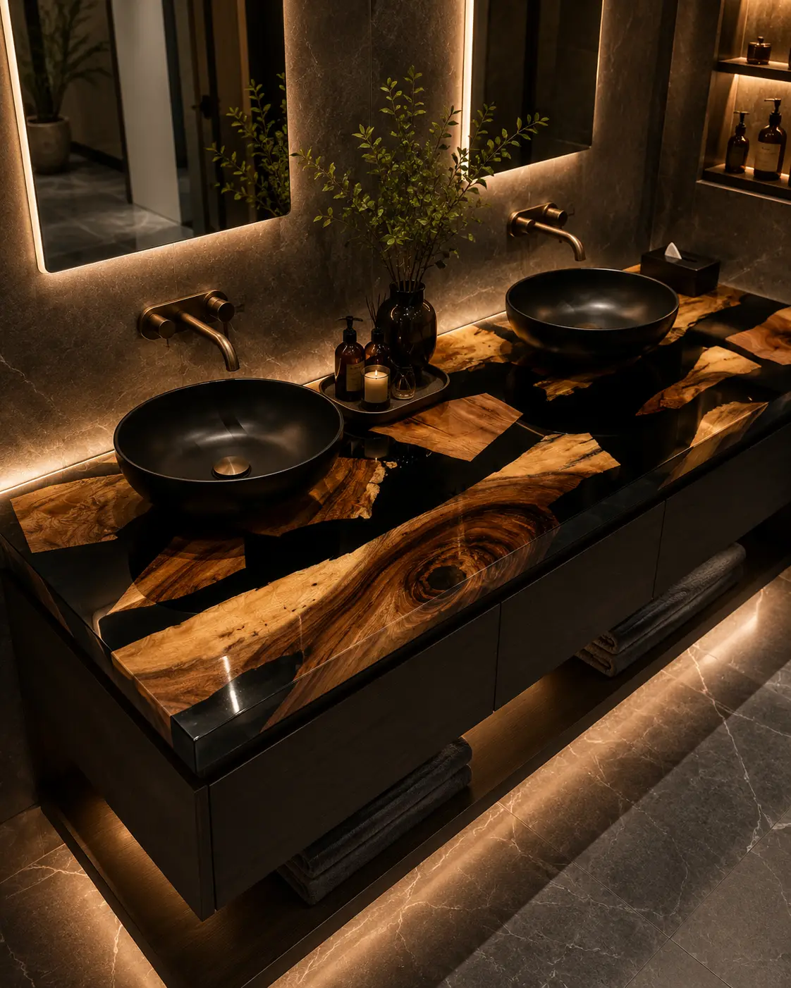 Custom Walnut Live Edge Epoxy Bathroom Countertop with Black Epoxy BTC001