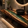 Custom Walnut River Epoxy Bathroom Countertop with Green Epoxy BTC002