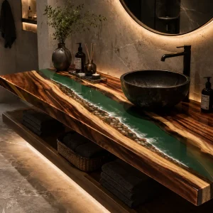Custom Walnut River Epoxy Bathroom Countertop with Green Epoxy BTC002