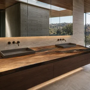 Custom Walnut Live Edge Epoxy Bathroom Countertop with Black Epoxy BTC003