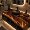 Custom Walnut River Epoxy Bathroom Countertop with Black Epoxy BTC004