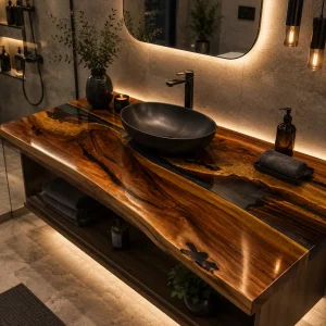 Custom Walnut River Epoxy Bathroom Countertop with Black Epoxy BTC004
