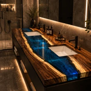 Custom Walnut River Epoxy Bathroom Countertop with Blue Epoxy BTC005
