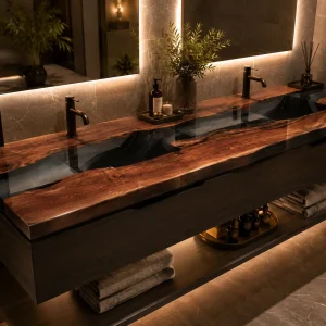 Custom Black Walnut River Epoxy Bathroom Countertop with Grey Epoxy BTC006