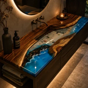 Custom Walnut Ocean Beach Epoxy Bathroom Countertop with Blue Epoxy BTC008