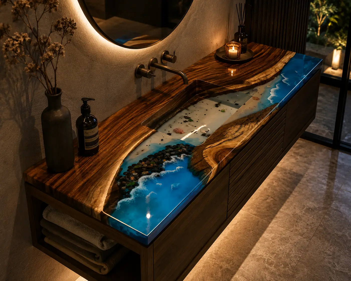 Custom Walnut Ocean Beach Epoxy Bathroom Countertop with Blue Epoxy BTC008