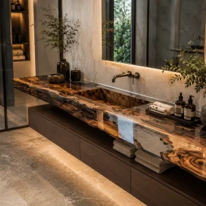 Custom Walnut Live Edge Epoxy Bathroom Countertop with Crystal Clear Epoxy BTC009