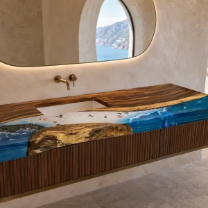 Custom Walnut Ocean Beach Epoxy Bathroom Countertop with Blue Epoxy BTC010