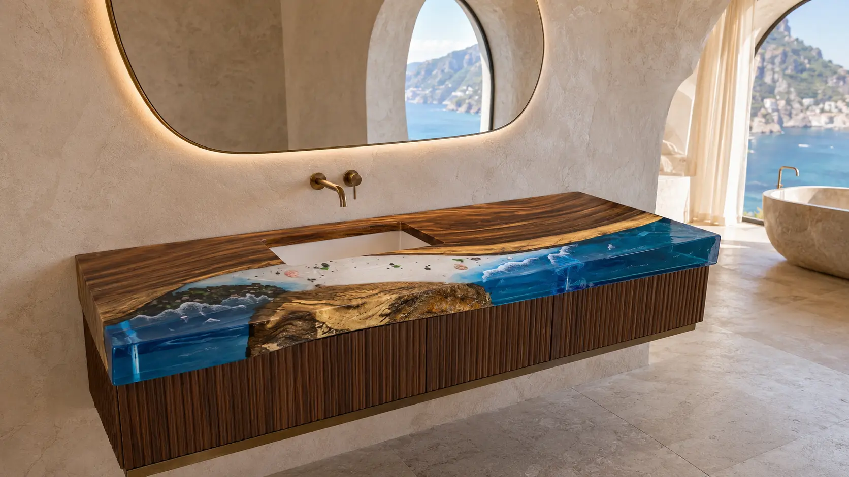 Custom Walnut Ocean Beach Epoxy Bathroom Countertop with Blue Epoxy BTC010
