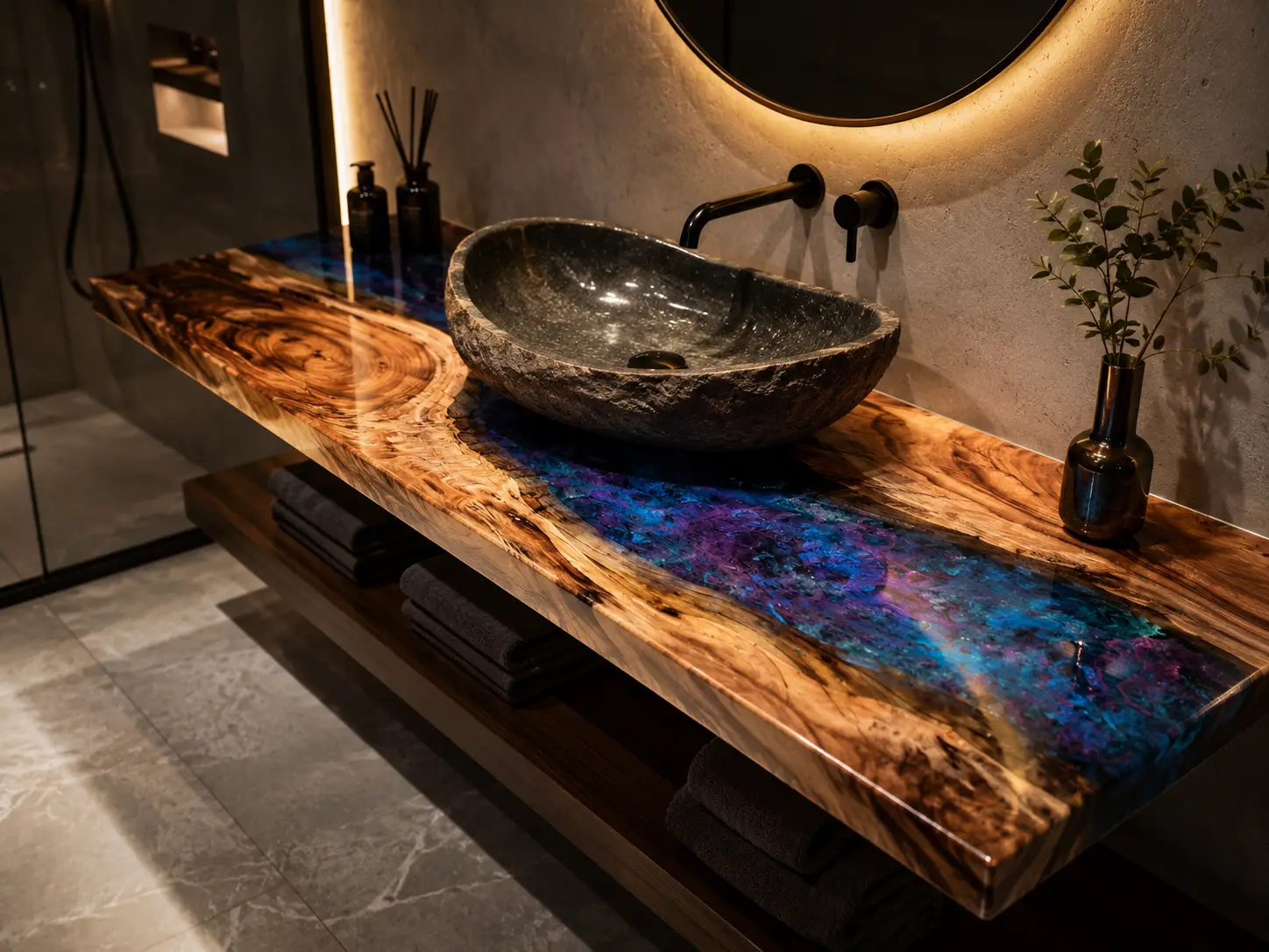 Custom Walnut Live Edge Epoxy Bathroom Countertop with Galaxy Epoxy BTC011