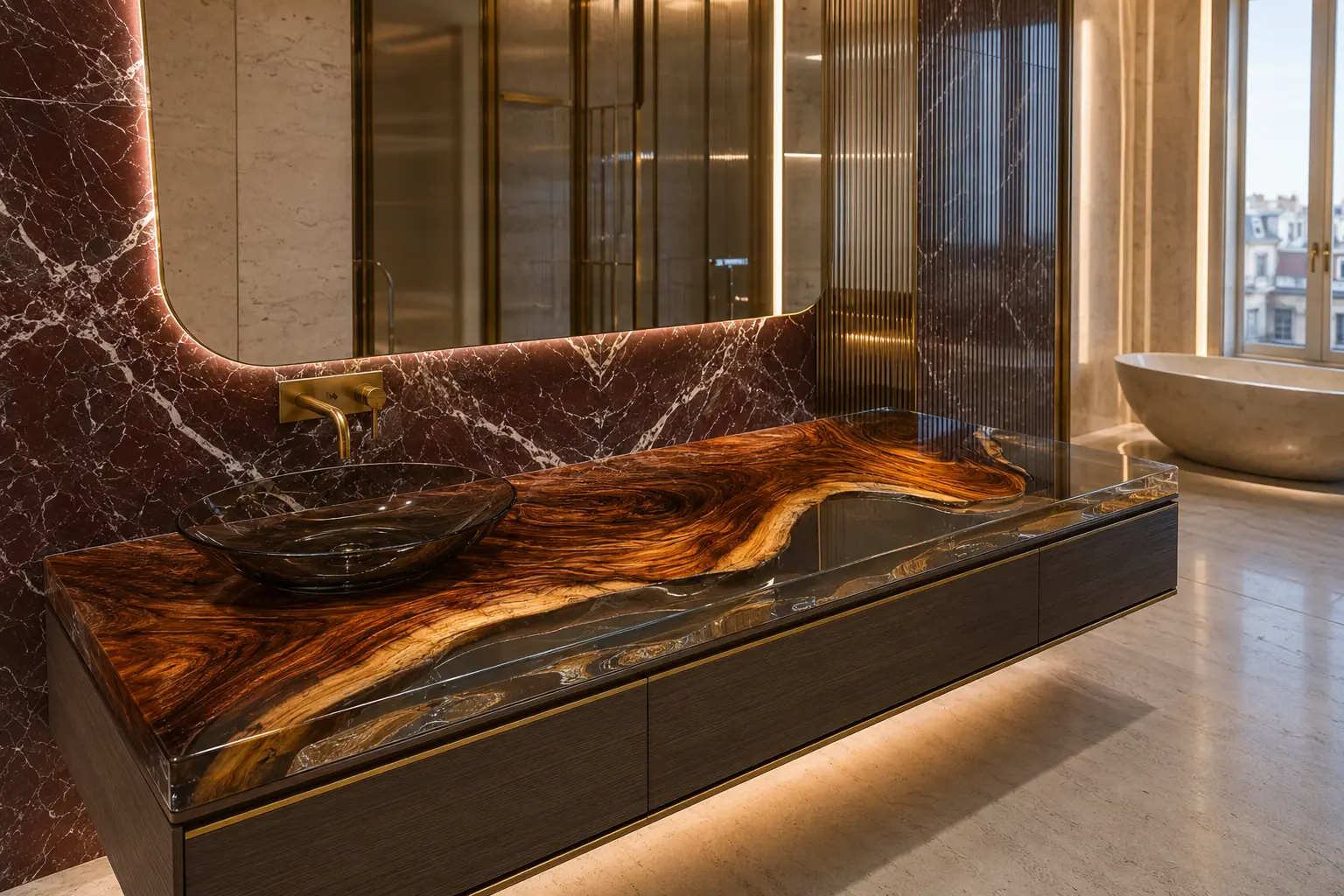 Custom Walnut Epoxy Bathroom Countertop with Crystal Clear Epoxy BTC012