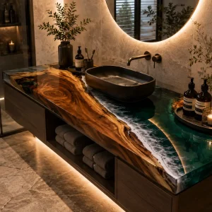 Custom Walnut Beach Epoxy Bathroom Countertop with Green Epoxy BTC014