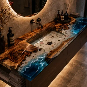 Custom Walnut Ocean Beach Epoxy Bathroom Countertop with Blue Epoxy BTC016