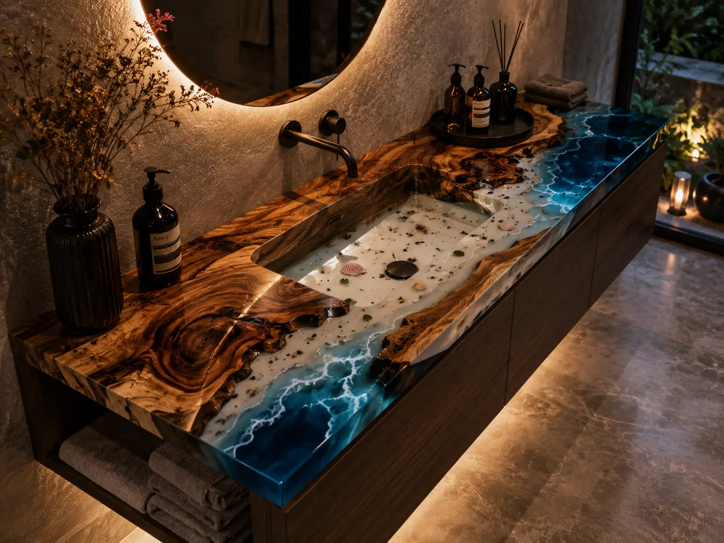 Custom Walnut Ocean Beach Epoxy Bathroom Countertop with Blue Epoxy BTC016