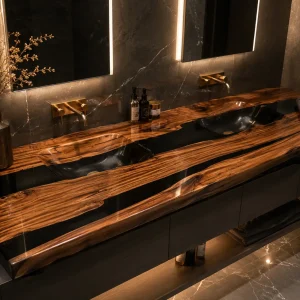 Custom Olive Wood River Epoxy Bathroom Countertop with Black Epoxy BTC019