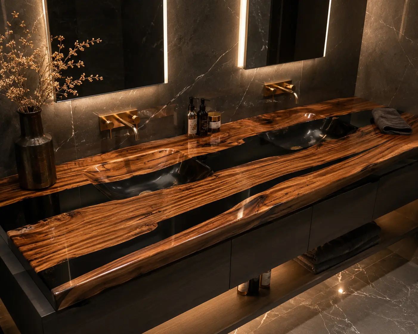 Custom Olive Wood River Epoxy Bathroom Countertop with Black Epoxy BTC019