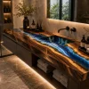 Custom Walnut Ocean Beach Epoxy Bathroom Countertop with Blue Epoxy BTC020