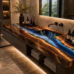 Custom Walnut Ocean Beach Epoxy Bathroom Countertop with Blue Epoxy BTC020