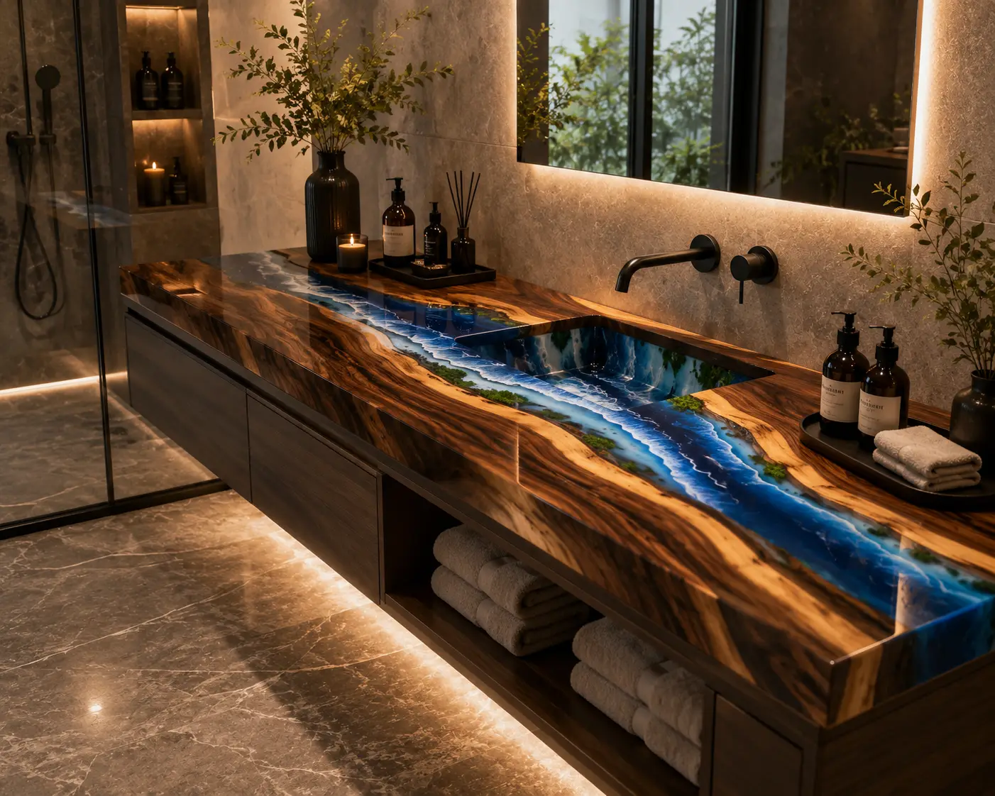 Custom Walnut Ocean Beach Epoxy Bathroom Countertop with Blue Epoxy BTC020