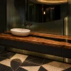 Custom Olive Wood River Epoxy Bathroom Countertop with Black Epoxy BTC021