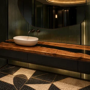 Custom Olive Wood River Epoxy Bathroom Countertop with Black Epoxy BTC021