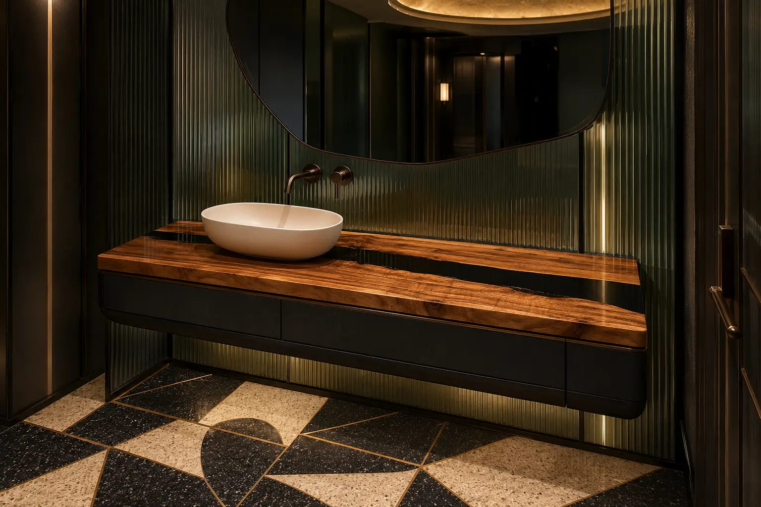 Custom Olive Wood River Epoxy Bathroom Countertop with Black Epoxy BTC021