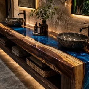 Custom Walnut River Epoxy Bathroom Countertop with Blue Epoxy BTC022