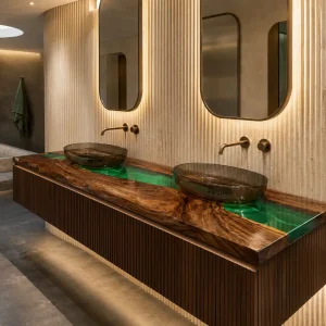 Custom Walnut River Epoxy Bathroom Countertop with Green Epoxy BTC023