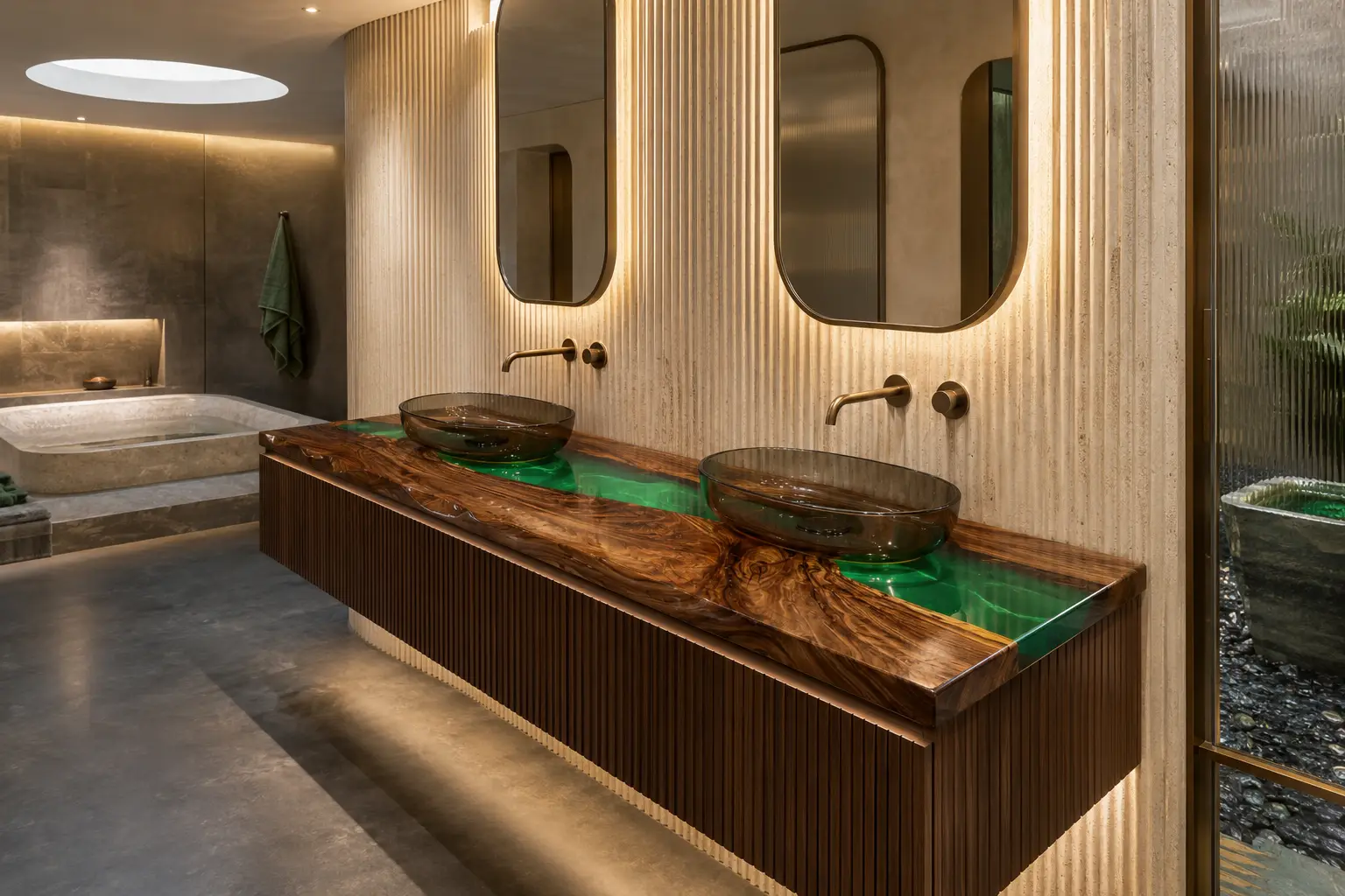 Custom Walnut River Epoxy Bathroom Countertop with Green Epoxy BTC023