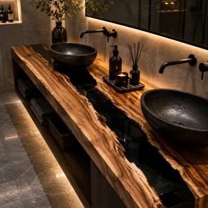 Custom Walnut River Epoxy Bathroom Countertop with Black Epoxy BTC024