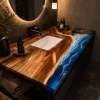 Custom Walnut Ocean Beach Epoxy Bathroom Countertop with Blue Epoxy BTC025
