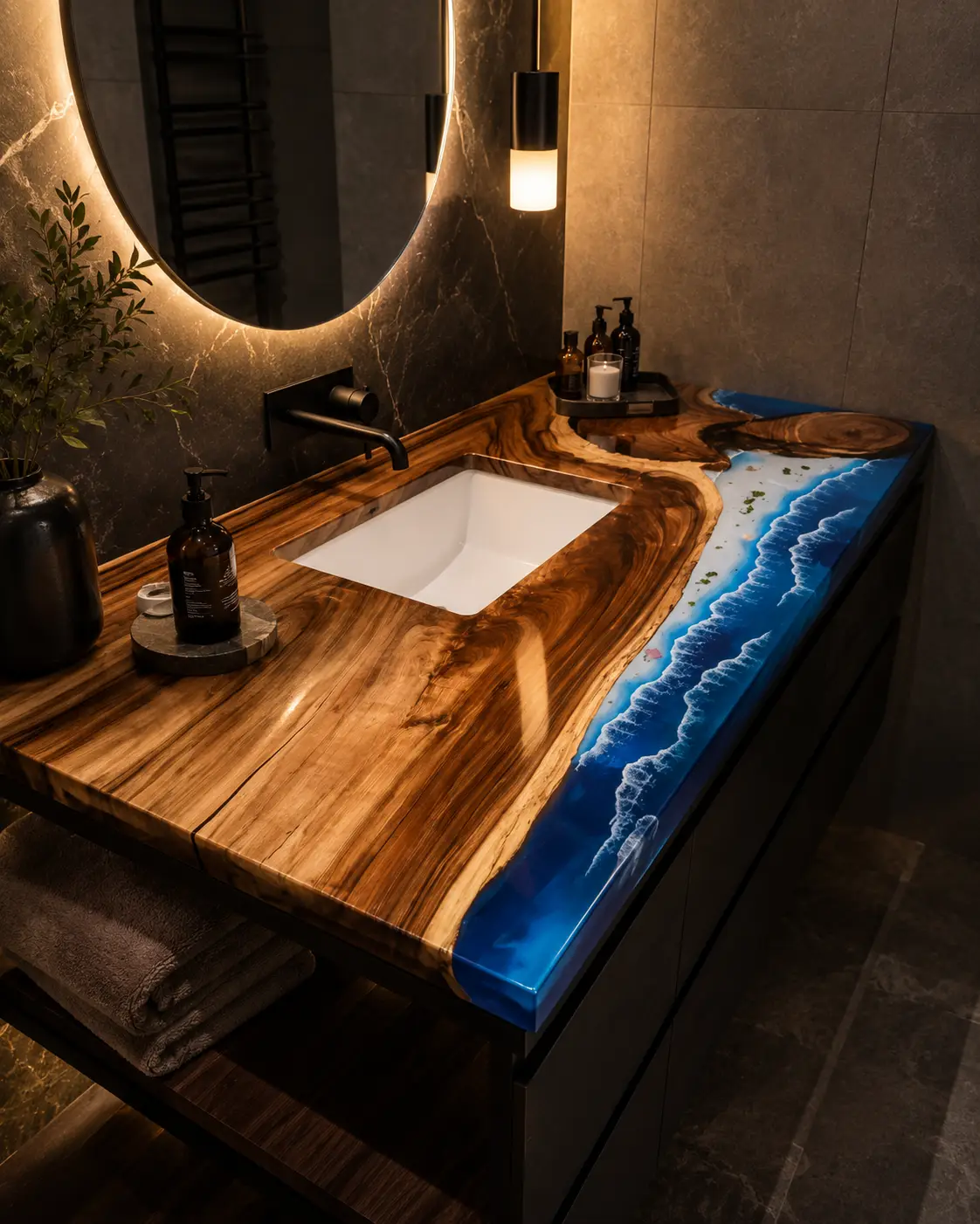 Custom Walnut Ocean Beach Epoxy Bathroom Countertop with Blue Epoxy BTC025