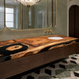 Custom Walnut Live Edge Epoxy Bathroom Countertop with Black Epoxy BTC026