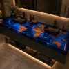 Custom Walnut Map Epoxy Bathroom Countertop with Blue Epoxy BTC027