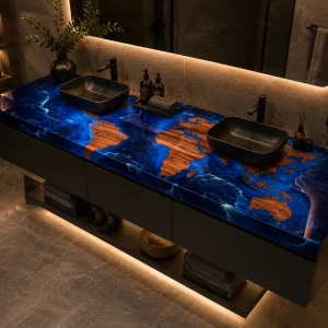 Custom Walnut Map Epoxy Bathroom Countertop with Blue Epoxy BTC027