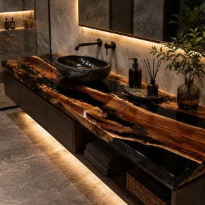 Custom Walnut Live Edge Epoxy Bathroom Countertop with Black Epoxy BTC029