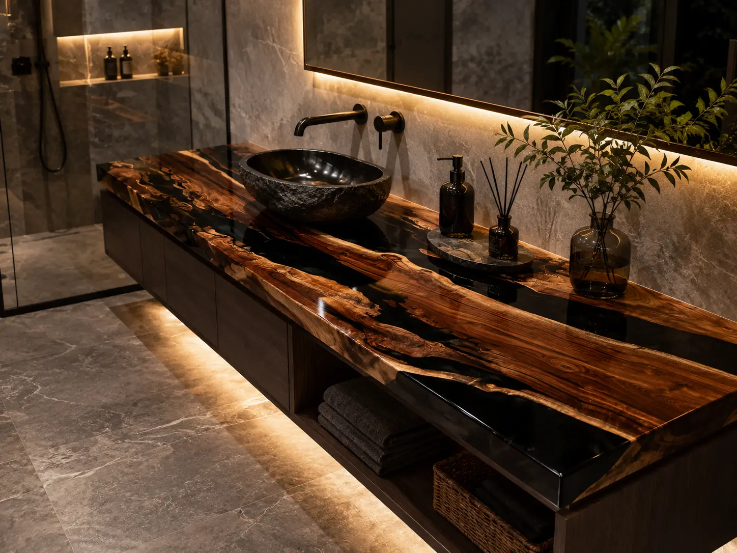 Custom Walnut Live Edge Epoxy Bathroom Countertop with Black Epoxy BTC029