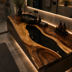 Custom Walnut Live Edge Epoxy Bathroom Countertop with Black Epoxy BTC032