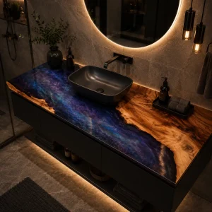Custom Walnut Live Edge Epoxy Bathroom Countertop with Galaxy Epoxy BTC033