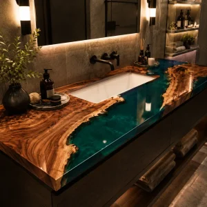 Custom Walnut Live Edge Epoxy Bathroom Countertop with Green Epoxy BTC034