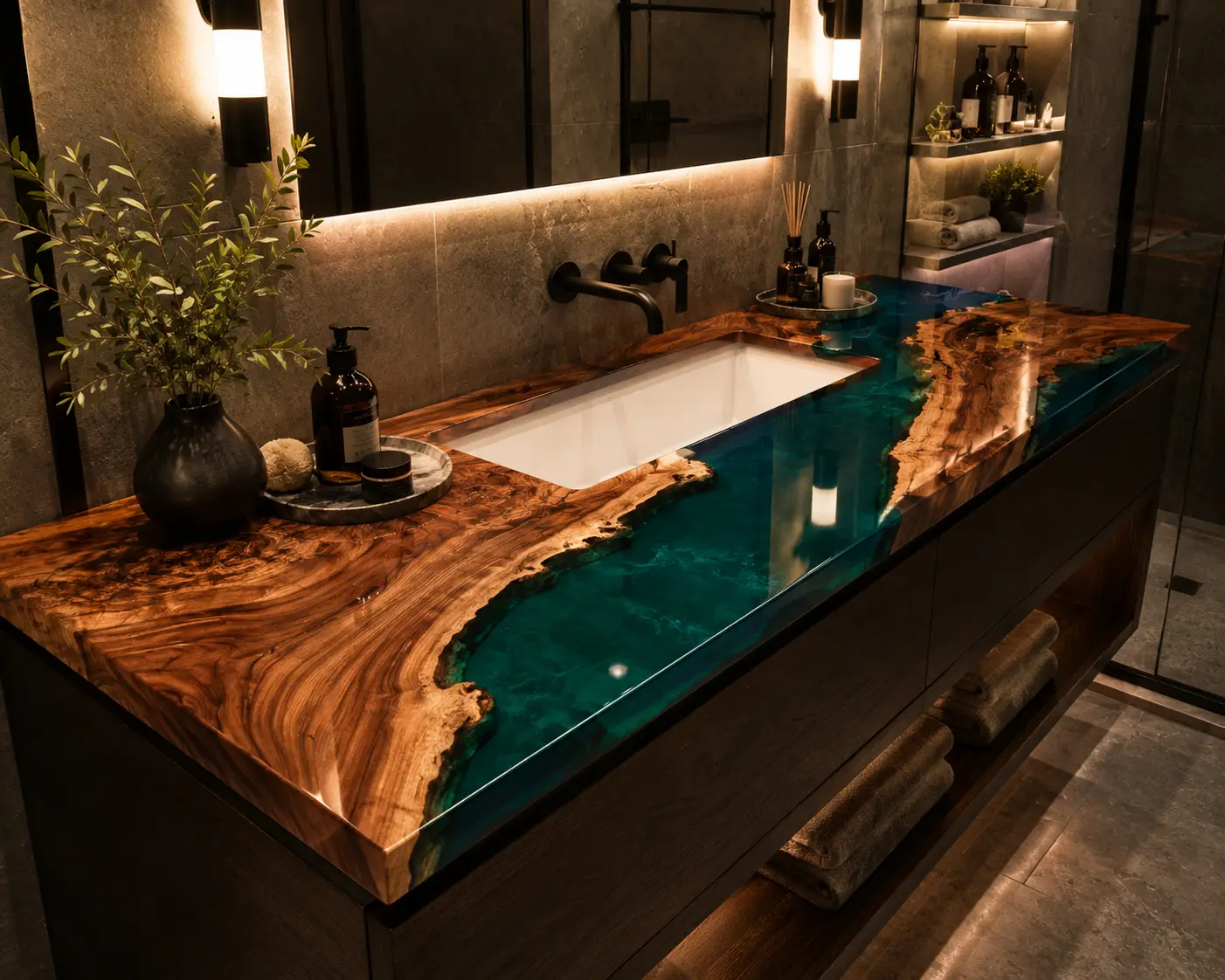 Custom Walnut Live Edge Epoxy Bathroom Countertop with Green Epoxy BTC034