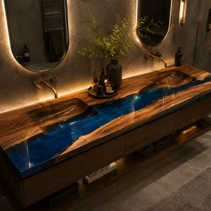 Custom Walnut River Epoxy Bathroom Countertop with Blue Epoxy BTC035